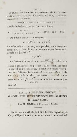 Sur la détermination analytique du centre d'une section plane faite dans une surface du second ordre.