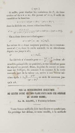 Sur la détermination analytique du centre d'une section plane faite dans une surface du second ordre.