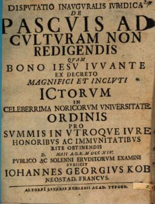Disputatio inavgvralis ivridica de pascvis ad cvltvram non redigendis