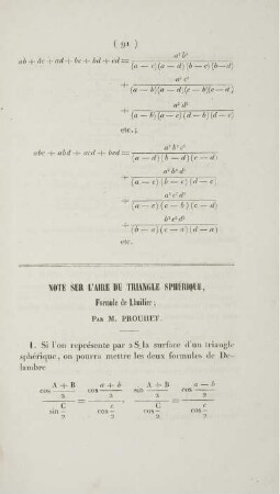 Note sur l'aire du triangle sphériquem Formule de Lhuilier.