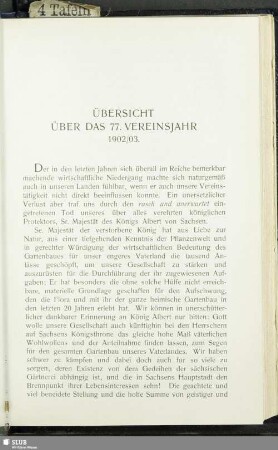 Übersicht über das 77. Vereinsjahr 1902/03