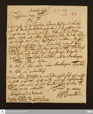 Brief von Johann Wilhelm Zierold an August Hermann Francke.