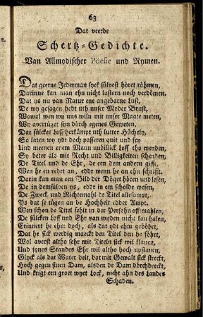 Dat veerde Scherz-Gedichte. Van Allmodischer Pöesie und Rymen.