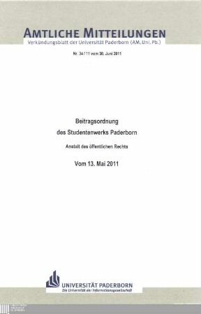 Beitragsordnung des Studentenwerks Paderborn : Anstalt des öffentlichen Rechts ; vom 13. Mai 2011