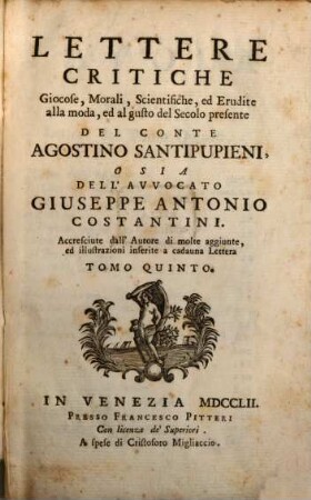 Lettere Critiche Giocose, Morali, Scientifiche, ed Erudite alle moda, ed al gusto del Secolo presente, 5