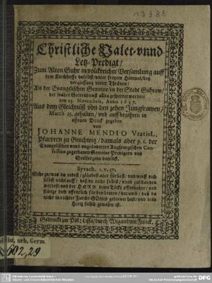 Christliche Valet- unnd Letz-Predigt zum alten Guhr ...