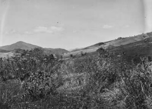 Landschaft : Blick von einer Anhöhe in ein Tal und auf bergige Umgebung