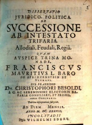 Dissertatio Jvridico-Politica. De Svccessione Ab Intestato Trifaria : allodiali, feudali, regia