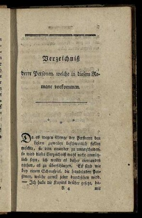 Verzeichniß derer Personen, welche in diesem Romane vorkommen.