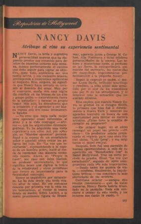 Nancy Davis - atribuye al cine su experiencia sentimental