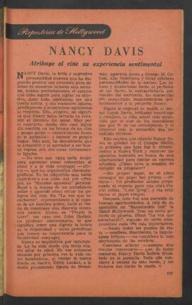 Nancy Davis - atribuye al cine su experiencia sentimental
