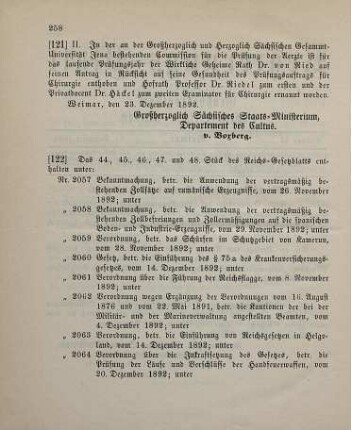 121. Ministerial-Bekanntmachung, die Veränderung in der Zusammensetzung der bei der Gesammt-Universität Jena bestehenden Commission für die Prüfung der Aerzte betreffend