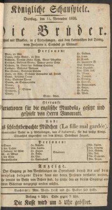 [Ankündigung:] Die Brüder : Lustspiel mit Masken, in 5 Abtheilungen