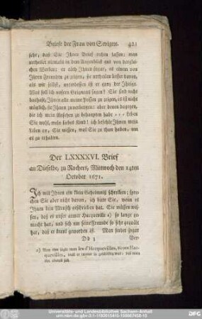 Der LXXXXVI. Brief an Dieselbe, zu Rochers, Mittwoch den 14ten October 1671.