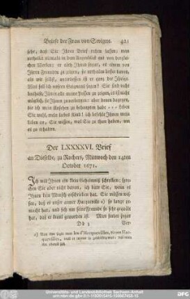 Der LXXXXVI. Brief an Dieselbe, zu Rochers, Mittwoch den 14ten October 1671.