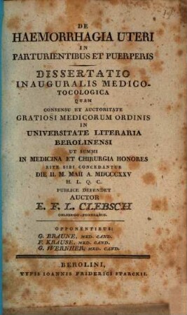 De haemorrhagia uteri in parturientibus et puerperis : Diss. inaug. med. tocol.
