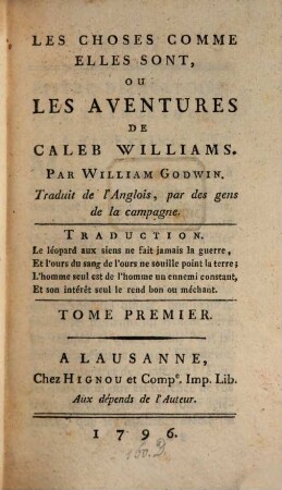Les Choses Comme Elles Sont, Ou Les Averntures De Caleb Williams, 1