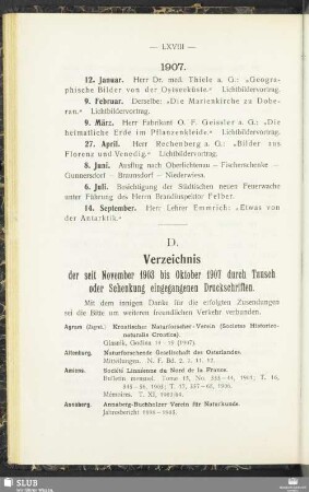 D. Verzeichnis der seit November 1903 bis Oktober 1907 durch Tausch oder Schenkung eingegangenen Druckschriften