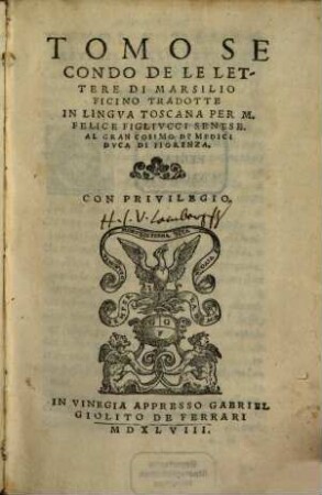 Tomo ... delle divine lettere del Gran Marsilio Ficino, 2