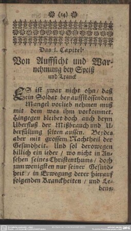 Das I. Capitel. Von Auffsicht und Warnehmung bey Speiß und Tranck