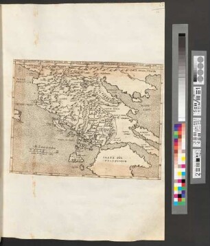 Disegno della macedonia, Et epiro. secondo la descrittione della Geografia di strabone nel libro settimo et nel principio dil X uisone gli Acornani et i Locri. Tauola VIII