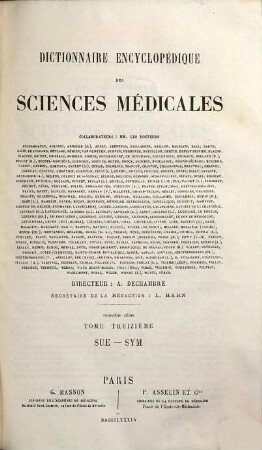 Dictionnaire encyclopédique des sciences médicales, 3,13. Sue - Sym