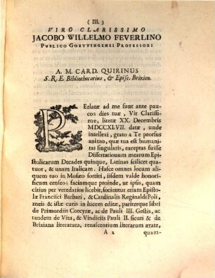 Ad virum clarissimum Jacobum Willelmum Feuerlinum publ. Goettingensem Professorem Epistola