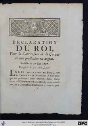 Déclaration Du Roi, Pour la Conversion de la Corvée en une prestation en argent.