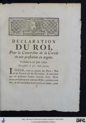 Déclaration Du Roi, Pour la Conversion de la Corvée en une prestation en argent.