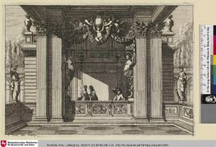 [Alkoven mit einem Paar auf einer Terrasse vor einer Balustrade; Alcôve donnant sur la terrasse d'un palais]