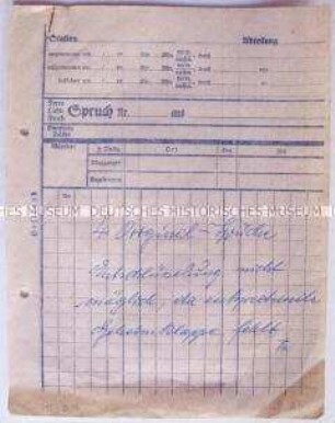Vorgang mit den Protokollen von vier nicht entschlüsselten Funksprüchen mit dem handschriftlichen Vermerk, dass die Aufschlüsselung nicht möglich sei, da die "Geheimklappe" fehlt (jeweils auf Vordruck-Blättern) - Sachkonvolut