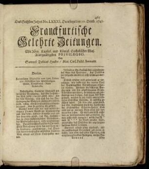 Nu. LXXXI. Dienstags den 10. Octob. 1741 - Num. XC. Freytags den 10. Nov. 1741