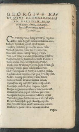 Georgius Fabricius Chemnicensis Ad Martinum Pisonem avunculum, de excellentia Poetarum apud Latinos.