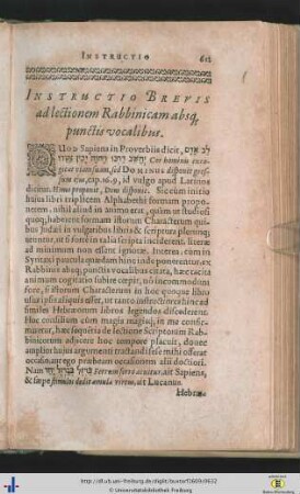 Instructio Brevis ad lectionem Rabbinicam absque pnctis vocalibus.