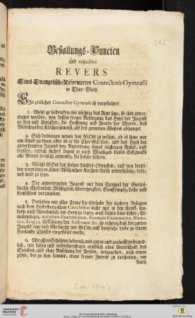 Bestallungs-Puncten und respectivè Revers Eines Evangelisch-Reformirten Conrectoris Gymnasii in Chur-Pfaltz
