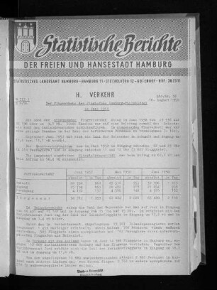 Der Flugverkehr des Flughafens Hamburg-Fuhlsbüttel im Juni 1958 : Lfd. Nr. 36