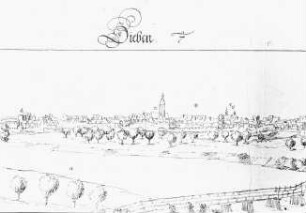 Bad Düben, Stadtansicht Dieben auf historischem Stich (nach Drerch)