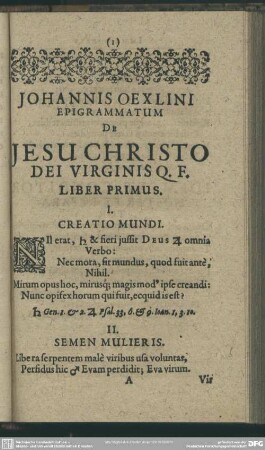 Johannes Oexlini Epigrammatum De Jesu Christo Dei Virginis Q.F. Liber Primus