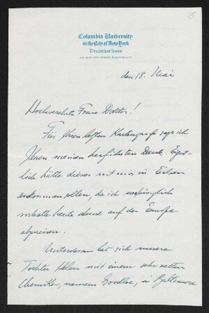 Brief von Frederick W. J. Heuser von Columbia University / Deutsches Haus  an Margarete Hauptmann