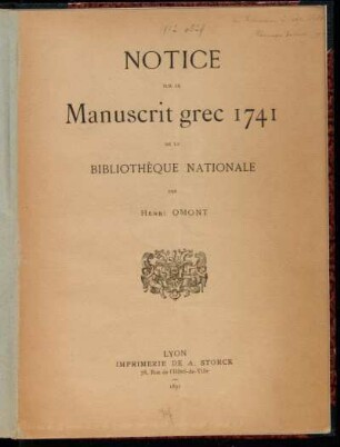 Notice sur le Manuscrit grec 1741 de la Bibliothèque Nationale