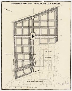 Erweiterung der Friedhöfe, Stolp: Grundriss der geplanten Erweiterung des Friedhofs mit Höhenlinien und Eintragung der Grenze des 1. Bauabschnittes 1:1000, Maßstabsleiste