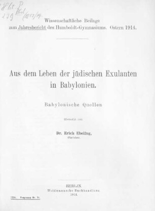 Aus dem Leben der jüdischen Exulanten in Babylonien : Babylonische Quellen
