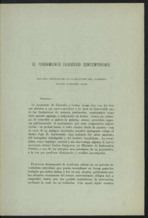 El pensamiento filosófico contemporáneo - discurso pronunciado en la recepción del académico doctor Alejandro Korn