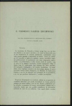El pensamiento filosófico contemporáneo - discurso pronunciado en la recepción del académico doctor Alejandro Korn