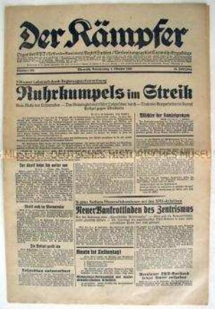 Kommunistische Tageszeitung für den Bezirk Sachsen "Der Kämpfer" zu einem Bergarbeiterastreik im Ruhrgebiet