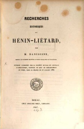 Recherches historiques sur Henin Liétard
