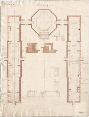 Voit, August von; München; Botanischer Garten - Kleine Gewächshäuser (Fundamentplan); Aquarium (Grundriss, Schnitte)