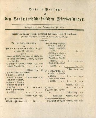 Dritte Beilage zu den Landwirthschaftlichen Mittheilungen. Ausgegeben mit dem December-Hefte für 1826.