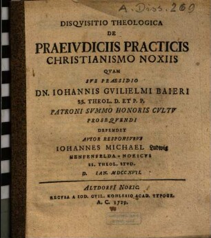Disqvisitio Theologica De Praeivdiciis Practicis Christianismo Noxiis