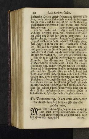 Die Vermahnung, so vor dem Altar, vor der Austheilung des heiligen Abendmahls, gelesen wird.